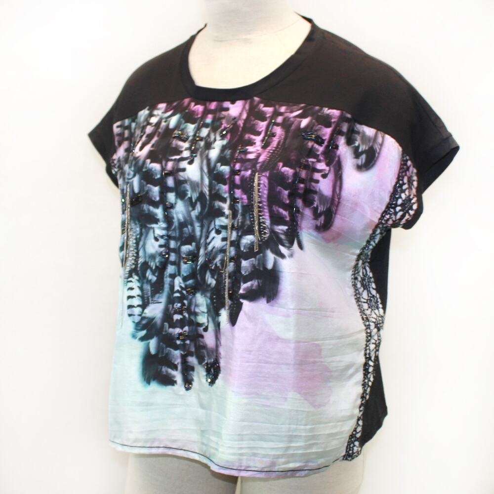 Custo Barcelona Y2K silk/modal beaded tassels shirt blouse top boxy Small